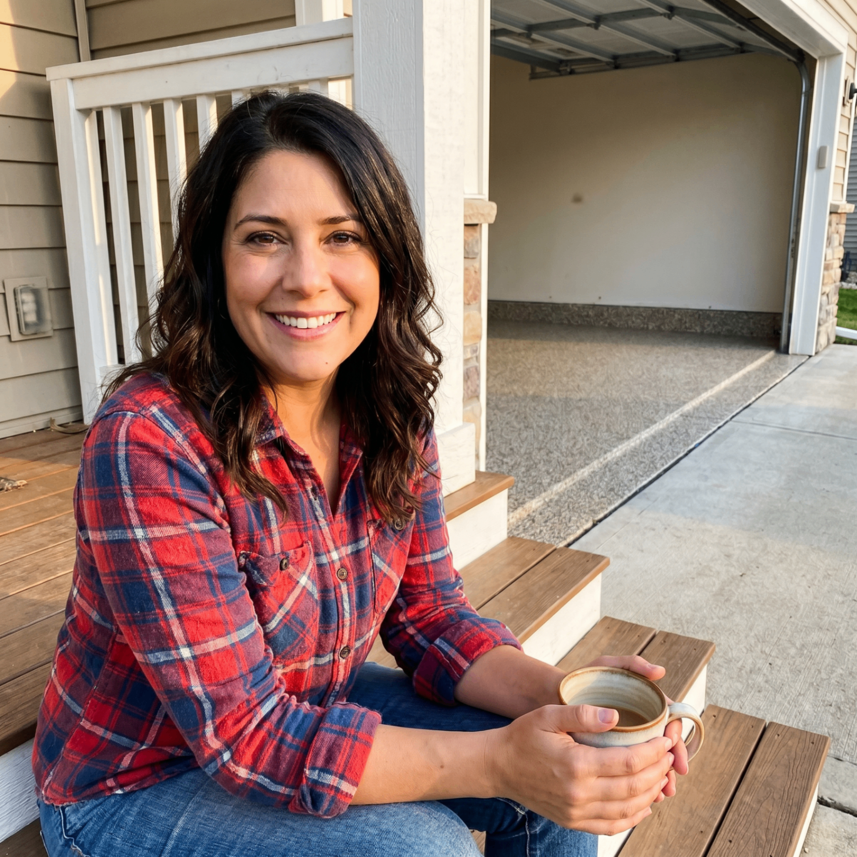 Olivia on the porch with coffee