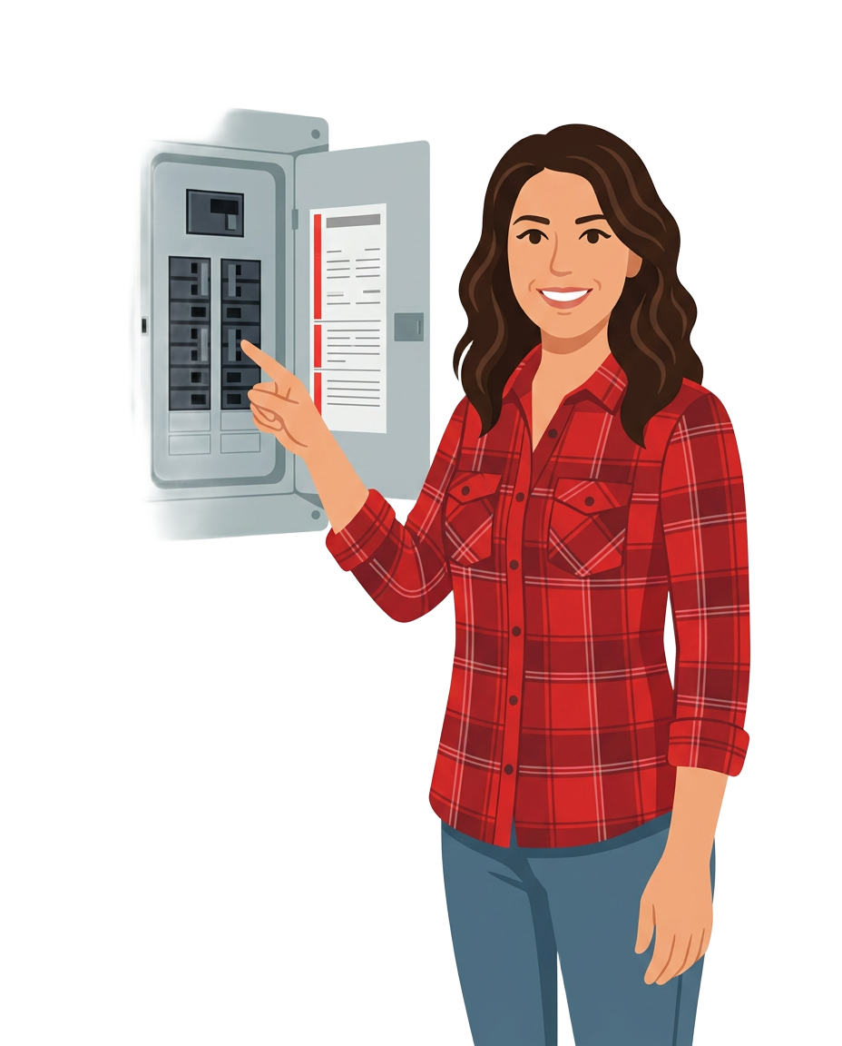 Olivia pointing at a breaker panel