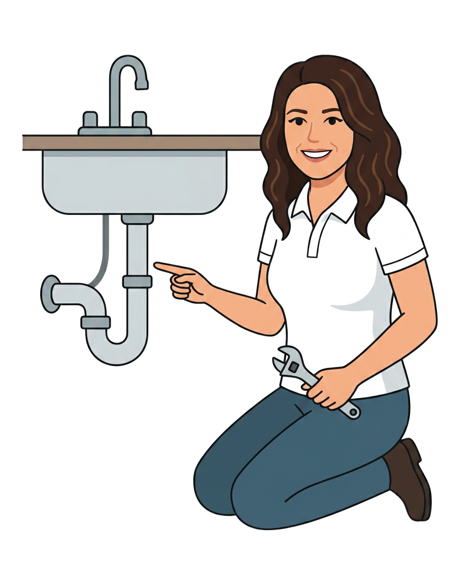 Olivia pointing under a kitchen sink